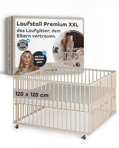 Sämann Baby Laufstall aus Holz I Baby Laufgitter 120x120 cm Sahara Dust/Natur I Inkl. Matratze I Robuster & höhenverstellbarer Laufstall XXL aus Buchenholz I Mit gummierten Rollen & TÜV geprüft