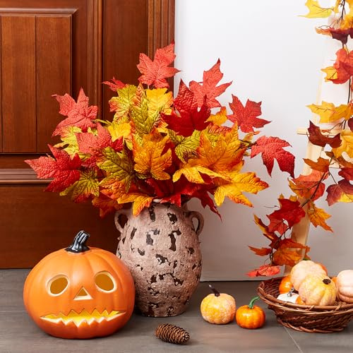 Sahoottie 6 Bündel Künstliche Herbstblumen 44cm Kunstblume Zweige Orange Ahorn Blätter Herbstdeko Innen Künstliche Seidensamt Ahornblätter Herbst Dekoration für Thanksgiving Halloween Tischdekoration