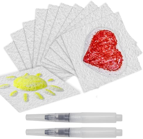 Lot de 20 feuilles de papier texturé en mousse magique de 10 x 10 cm, avec 2 pinceaux à eau, kit de peinture vierge pour loisirs créatifs 3D, fournitures artistiques DIY