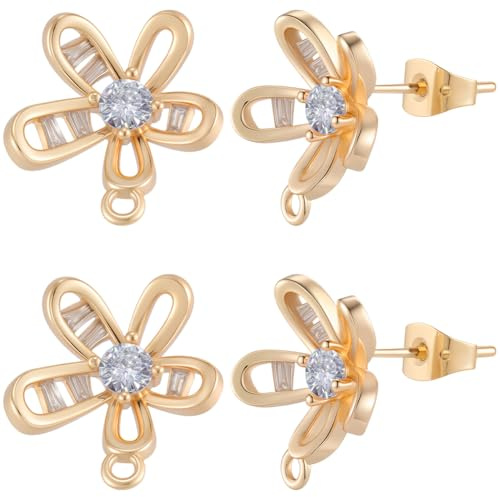 Beebeecraft 1 låda 10 st blomörhänge fynd 18K guldpläterad kubisk zirkonia läcker tusensköna stiftörhänge post med ögla med 10 st öronmuttrar för gör-det-själv kvinnor smyckestillverkning tillbehör
