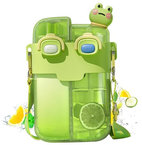 Xoeryoy Cute Water Bottle 26 Oz Kids Water Bottle Dual Chamber with Straw ＆ Adjustable Strap Leak Proof Jug for Girls School Outdoor Sports Travel Green &