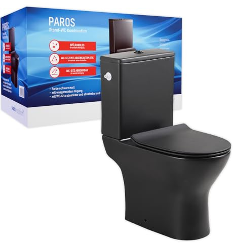 sanicomfort Stand-WC Kombination Paros spülrandlos mit Softclose WC-Sitz & Spülkasten schwarz | Tiefspüler mit waagerechtem Abgang | Komplett-WC Set Bodenstehend
