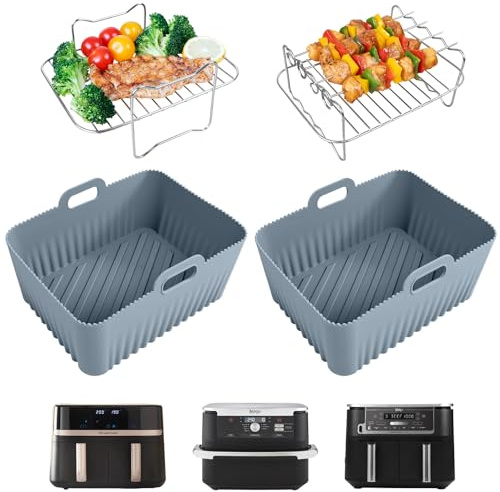 ENSINE Air Fryer Accessories for Ninja, 2 Pcs Silicone Liners for Ninja Foodi Max Dual Zone AF400UK/AF451UK 9.5L, 2 Pcs Air Fryer Racks Compatible with Ninja Dual Air Fryer AF500UK