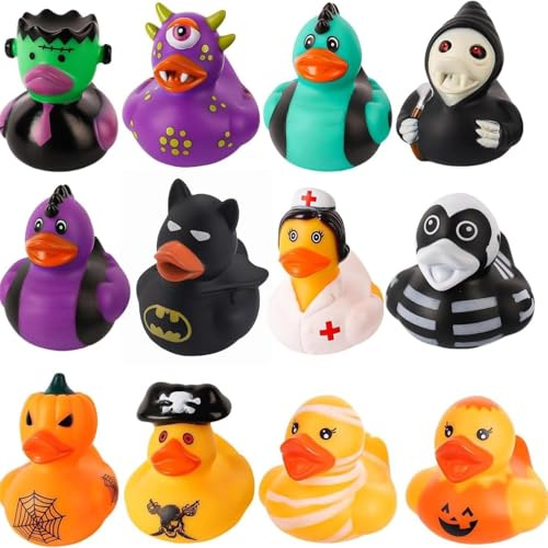 12-Pack Halloween Rubber Ducks - Rubber Bath Toys for Kids, Cute Halloween Party Decorations Pumpkin Ghost Duckie Collectibles, Birthday Gift & Party Supplies