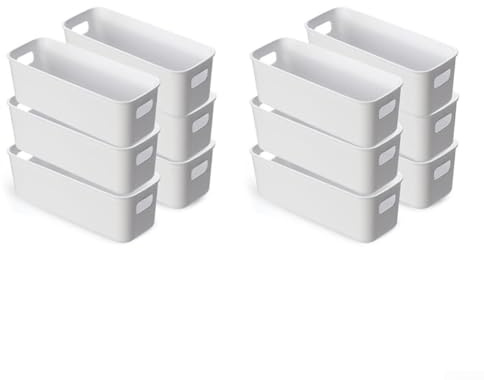 Bulevisiter Cajas de almacenamiento apilables de plástico blanco con asas, pequeños contenedores organizadores para cocina, baño, oficina, cajón o armario, 23 x 10 x 9,5 cm (12)