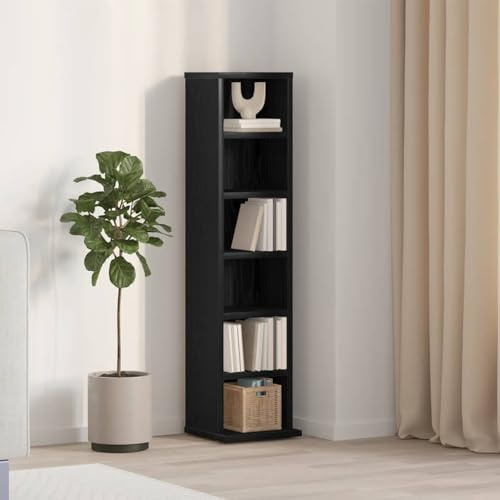 Mokuyary CD-Schrank, Eiche, Schwarz, 21 x 20 x 88 cm, Holz, DVD-Regal mit 6 offenen Fächern, Multimedia-Aufbewahrungsmöbel für Büro, Wohnzimmer, Schlafzimmer
