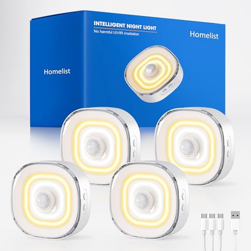 Homelist 68-LED COB Nachtlicht mit Bewegungsmelder, 100 lm, 4 Stück | Treppenlicht mit Bewegungsmelder, dimmbar, wiederaufladbar, 3 Farbtemperaturen, Unterbauleuchte für Küche und Schrank