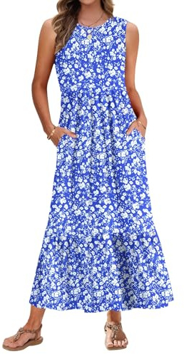 AUSELILY Robe d'Été Femme Longue sans Manches | Robe Longue Femme sans Manches Col Rond Taille Haute Étagée Fluide Chic Décontractée Été Plage avec Poches
