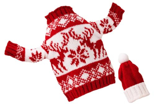 GALPADA Housse Décorative pour Bouteille de Vin en Tricot Rouge Motif Cerf, Accessoire de Noël Festif, Taille Unique, pour Décoration de Table et Présents de Fête