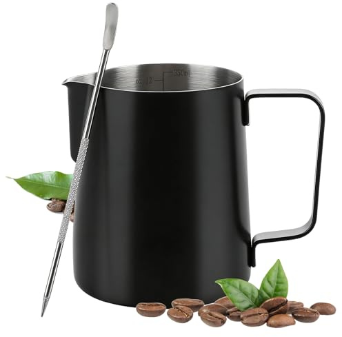 Milk Frothing Pitcher, 350ml/12oz 304 Stainless Steel Coffee Jug with Measurement Marks & Latte Art Pen, Ideal for Crafting Latte Art, Cappuccino, Perfect for Home Baristas & Coffee Enthusiasts