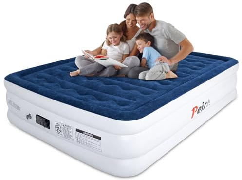 Peirhw Inflatable Air Mattress King Size, Airbed with Built-in Electric Pump, 3-Min Fast Inflation, Flocked Top & Reinforced Support, Blow Up Mattress for Home Camping Guests-203x152x46cm