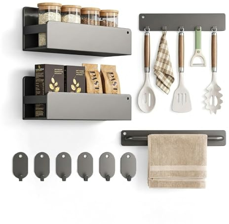 X-EcoLive Magnetic Spice Rack for Refrigerator, 4 Pack Magnetic Shelfs, Magnetic Spice Rack for Fridge with 6 Magnetic Hooks, Magnet Fridge Shelf for Kitchen Organization and Storage, Metal&Grey