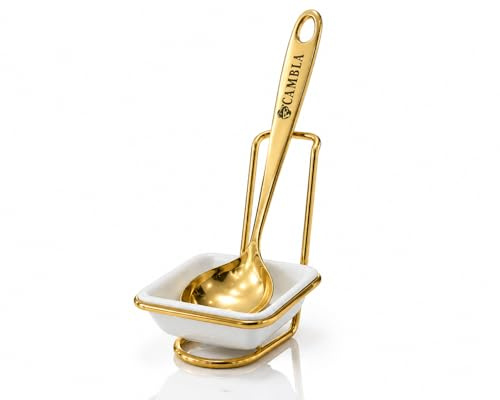 Reposacucharas Cocina Dorado con Cuenco de Cerámica – Soporte para Cuchara en Acero Inoxidable – Organizador de Utensilios, Antigoteo, Fácil Limpieza (SET GOLDEN/CUCHARA)