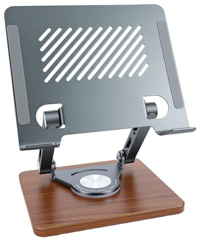 Qudinip 360° Roterbart Tablettställ med Justerbar Höjd för Hem och Kontor - Aluminiumlegering och valnötsträ - Stöder Enheter Upp Till 17,3