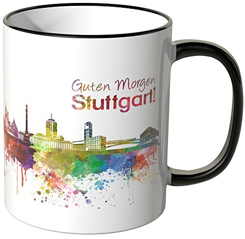 WANDKINGS® Tasse, Schriftzug Guten Morgen Stuttgart! mit Skyline - Schwarz, Keramik, 0,3 l, Rund, Henkel, Spülmaschinenfest