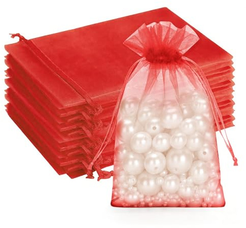 G2PLUS Red Organza Gift Pouches, 10x15 CM Medium Organza Favour Bags, 100 PCS Wedding Jewelry Bags, Clear Mesh Pouches Perfect for Wedding, Christmas, Birthday, Anniversary