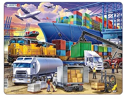 Larsen FH44 Rahmenpuzzle für Kinder I Geschäftigtes Frachtdrehkreuz am Hafen I Puzzle ab 2 Jahre I Kinderpuzzle mit 37 Teilen I Spiel, Spaß & Lernen