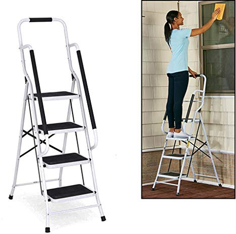 Trittleiter 4 Stufen mit handlauf und Rutschfester Stufen, Stahl Stehleiter Haushaltsleiter Klapptritt Leiter, Ideal für Zuhause/Küche/Garage, belastbar bis 150 kg