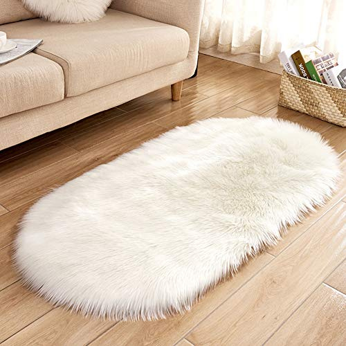 YAOTT Shaggy Lammfellimitat Teppich Oval, Warme Kunstpelz-Haushaltspelz-Teppiche, rutschfeste Langhaarige Fellteppich für Schlafzimmer Wohnzimmer Kinderzimmer Stuhl Sofa Weiß 40X60CM