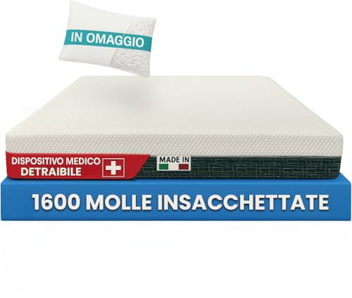 Francegaglia® Materasso Healthy Relax 1600 Molle Insacchettate & Memory con Fascia 3D Traspirante + Cuscino in Fiocco di Memory - Altezza 25cm - Dispositivo Medico Detraibile - 120x200