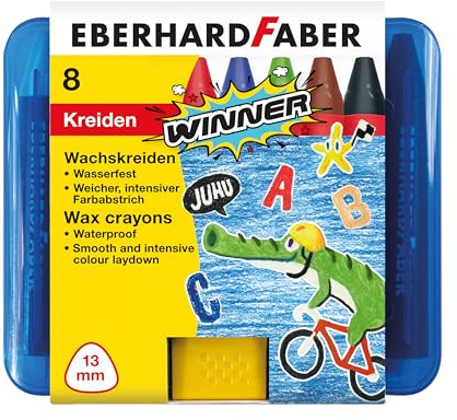 Eberhard Faber 524006 - Pastello a cera Winner, colorabile con acqua, 8 pastelli a cera in pratica scatola di plastica