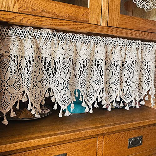 TROYSINC 1 Stück Kurze Vorhänge, Modern Landhausstil Küchengardine Gardine, Vintage Beige Handgewebt Aushöhlen Chic Bistrogardine Kurzgardine (90 x 38 cm)