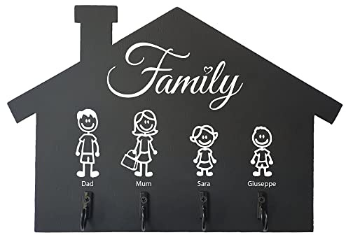 Stileitaliano Schlüsselhalter für die Wand, personalisierbar, schwarz, mit Figuren und Namen, Schlüsselanhänger für Familien, aus Naturholz, Schlüsselhalter für den Eingangsbereich