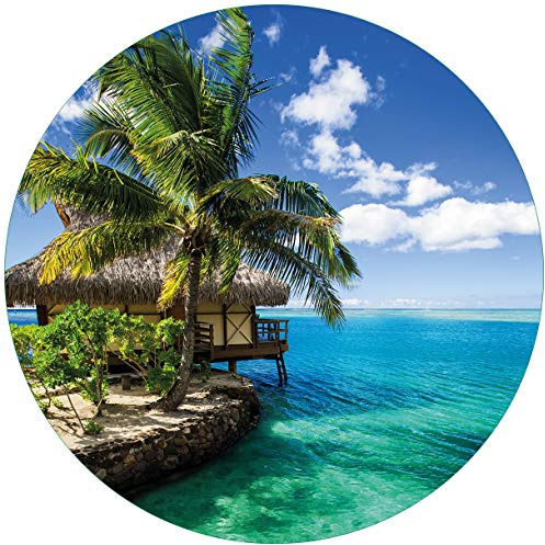 Wallario Glasbild rund Karibisches Meer – Einsame Hütte unter Palmen - Rund, 50 cm Durchmesser Wandbild Glas in Premium-Qualität: Brillante Farben, freischwebende Optik