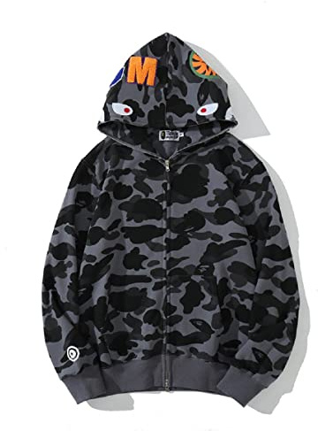 Yumenam Hombres Shark Hoodie Hooded Sudaderas con Capucha con Cremallera Sudadera de Manga Larga con Estampado de Tiburón Shark Head Zipper Camuflaje Chaquetas Sweatshirt Hip Hop Tops S-5XL