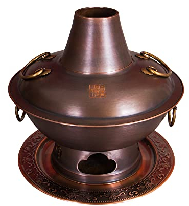MNSSRN Verdickte Nachahmung Kupfer Hot Pot, tragbarer altmodischer Kupfer-Pot-Picknick-Holzkohle schneller heißer Kupferheißtopf mit Anti-Scenging-Griff dickem Schornstein,36cm