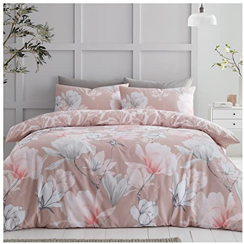 GC GAVENO CAVAILIA Polycotton Floral Bedding Double Bed Set, Reversible Magnolia Print Duvet Set, Machine Washable Quilt Cover, Blush Pink