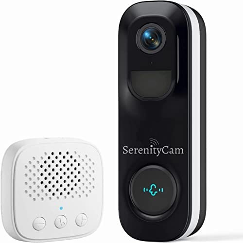 SerenityCam Sonnette vidéo extérieur sans Fil WiFi 2k 3MP, Sonnette avec caméra Longue portée Vision Nocturne, PIR détection, 160°+20°, Alarme Antivol,Siréne Dissuasive, Batterie Lihtium 180jr