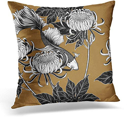 Tattoo Kissenbezug, 45 x 45 cm, Koi-Fisch und Chrysantheme, sehr detailliert, Heimdekoration, quadratischer Kissenbezug für Bett, Sofa