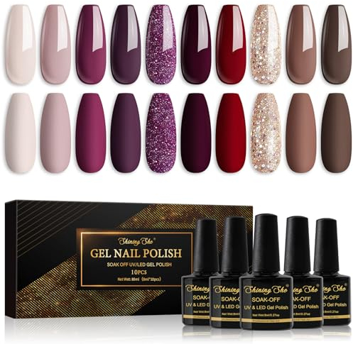 Shining She Smalto Semipermanente, 10 Colori Beige Rosso Scuro Marrone Viola Scuro Oro Glitter, Unghie, Smalti per Unghie Gel UV/LED, Autunno e Inverno Manicure Art, 8ML