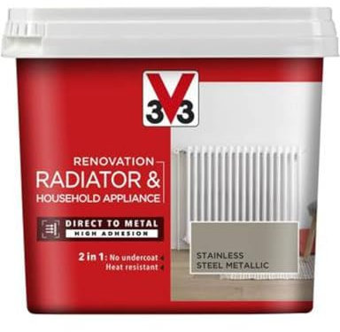 FNX V33 Renovation Radiator & Household Appliance Paint | Direct to Metal, High Adhesion | Easy Maintenance | 2 in 1: No Undercoat, Heat Resistant | Stainless Steel Metallic | 750ml