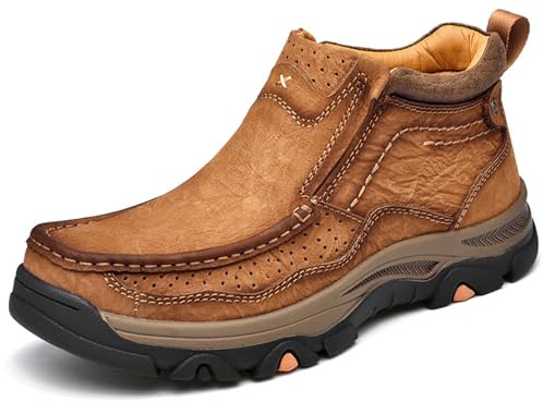 Tokouk Mens Hand Stitching Leather Slip On Ankle Boots, Casual Moccasin Chukka Boots Non-Slip Outdoor Hiking and Driving Loafers (Brown,12.5)