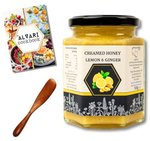Alvari Premium Creamed Raw Honey with Lemon & Ginger – 100% Natural British Honey for Immune Support – 320g Jar with Wooden Spoon & Healthy Recipes – No Preservatives or Additives