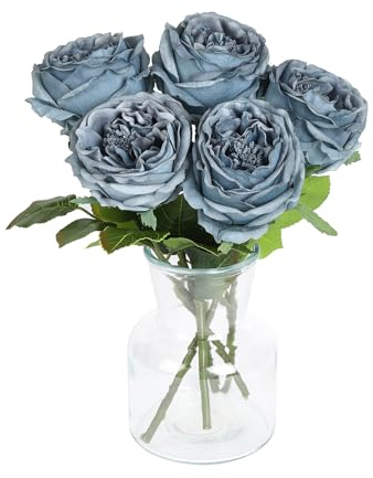 DuHouse Seidenrosen, künstliche Staubige Blaue Rosen mit Stielen, fühlen Sich echt an, Pfingstrosen, Latex, künstliche Blumen für Arrangement, Hochzeit, Party, Heimdekoration, 5 Stück