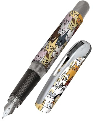 Online Füller College Katzen, Tinten-Füller für Rechtshänder, ergonomisches Griffstück, hochwertige Iridium-Feder medium, Standard-Tintenpatronen, inkl. Kombipatrone blau, Allergiker geeignet