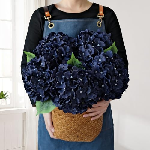 JINWOE Hortensias de Seda Azul Marino Oscuro, 5 Piezas de 20 Pulgadas de Flores Artificiales Grandes con Tallos, hortensias Falsas para Bricolaje, Centro de Mesa de Boda, decoración del hogar