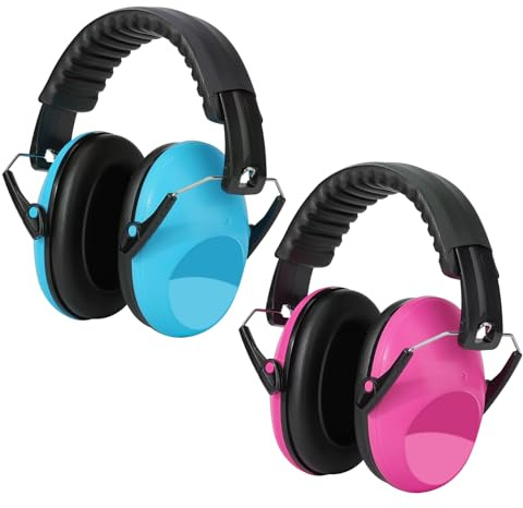 Kriogor 2 Pack Ear Defenders Kids, 26dB SNR Noise Cancelling Ear Defenders Children Ear Protection Earmuffs, Soft Ear Protectors Headphones Adjustable for Autism Airplane Study Work (Rose Red & Blue)