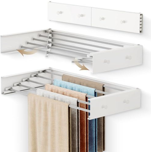 LIENAHU Wäscheständer für Kleidung, Wäscheständer, Wandmontage, faltbar, zusammenklappbar, einziehbar, 5 Aluminiumstangen, mit Haken, Weiß