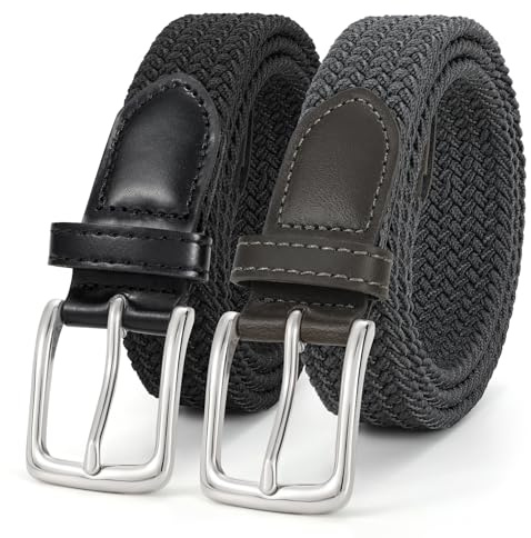 JasGood Lot de 2 ceintures élastiques tressées pour homme et femme - Ceinture extensible en tissu - Pour jeans - Largeur : 3 cm, E-noir + gris, 120cm: Für Größe 102cm-112cm