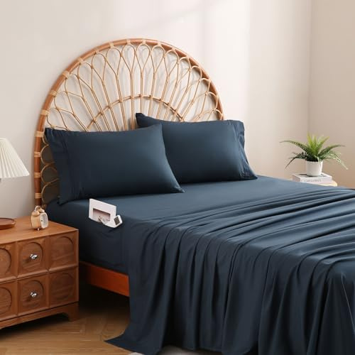 JSD Navy Blue Twin Sheet Set Side Pocket, 3Pc Kids Microfiber Sheets Deep Pocket