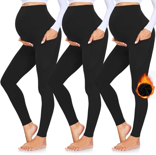 GROTEEN 3 Pack Women's Fleece Lined Maternity Leggings Over The Belly with Pockets Warm Thick Women's Activewear Pregnant Winter Clothes Black/Black/Black