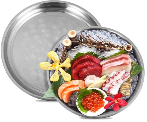 Chewtoyo Plateaux à fruits de mer de 40,6 cm et 35,6 cm, plateaux ronds en acier inoxydable épais, plateaux de service pour restaurant, fête, maison, barbecue, fruits de mer