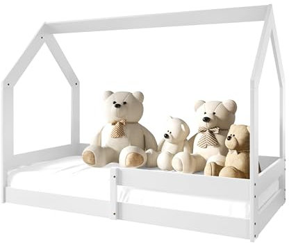 Mirjan24 Kinderbett Pimrus 80x160 cm, Hausbett Kinder inkl. Rausfallschutz und Lattenrost, Massivholz Kiefer (Weiß)