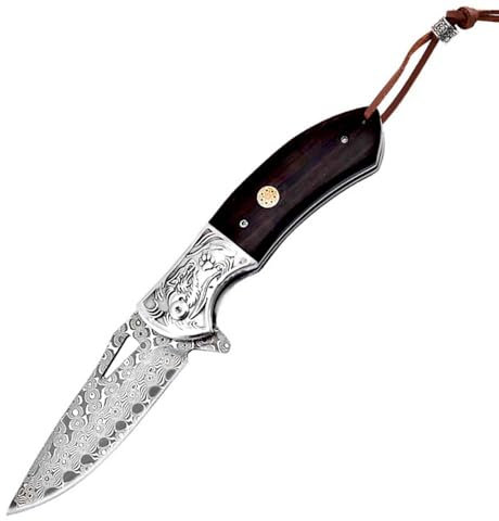 Couteau de poche de qualité supérieure - 8,5 cm - Forgé en acier de Damas - Manche en bois - Couteau de survie - Couteau de chasse tranchant - Couteau pliant Flipper - Damas - Ébène