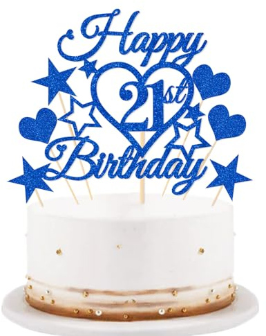 bng-bng 21st birthday Cake Topper Blue Men Boys Glittery Happy 21st Birthday Cake Cupcake Toppers For Men Boys 21 Twenty-one Years Old Birthday Party Supplies Decorations