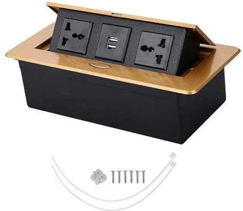 Hidden Pop-Up Desktop Socket, 250V 3 Hole Dual 2.1A USB Power Pop Up Desktop Socket Aluminum Alloy Pop Up Floor Outlet Covers Box, Recessed Power Socket for Home Office,Gold